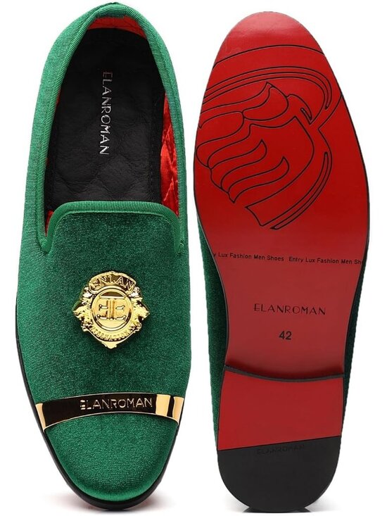 ELANROMAN Men\'s Olive Velvet Loafers Dress Gold Buckle Wedding Party Prom Shoes